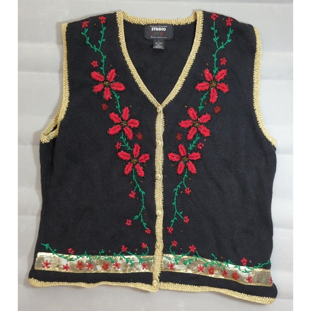 Designers Originals Studio Joy Women Christmas sweater vest large ‎ Poinsettias